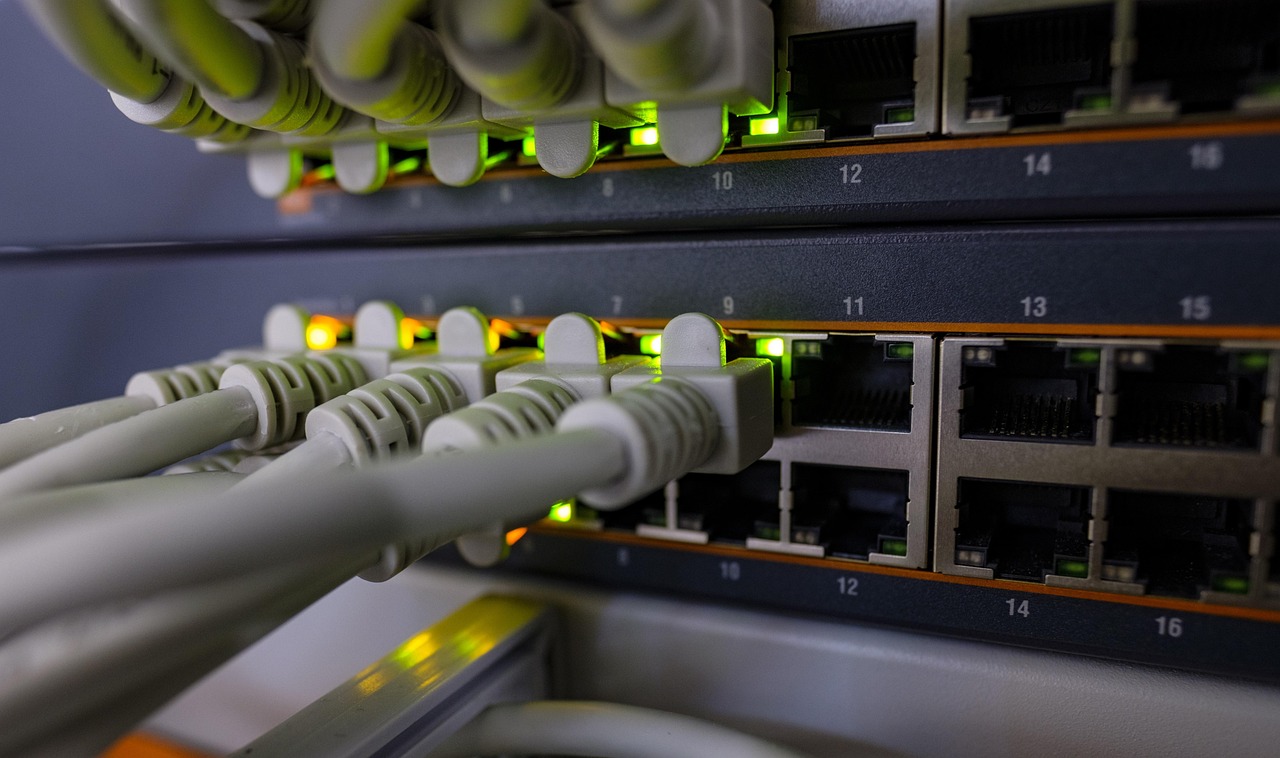 Switch de red PoE con cables Cat6 conectados en patch panel con LEDs indicadores